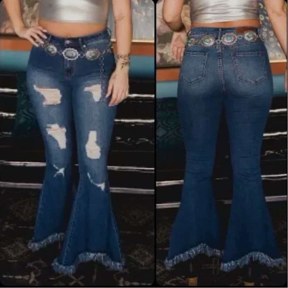 Lucky & Blessed Distressed Flare Raw Hem Blue Denim Jeans Women’s Size 22